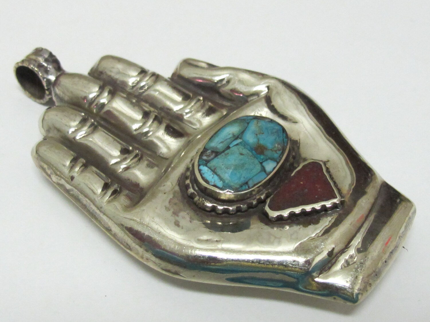 Large size Buddha hand turquoise coral inlaid Om inscribed reversible pendant - PM240C