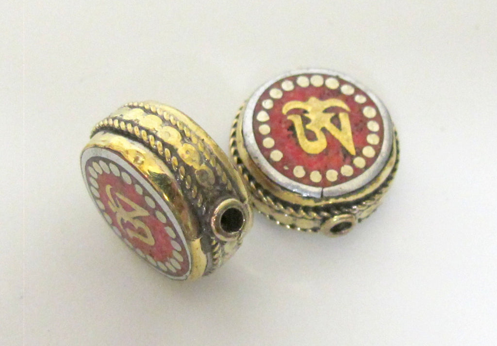 1 BEAD - Tibetan Om inscribed reversible brass bead with coral inlay - BD498C