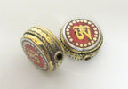 1 BEAD - Tibetan Om inscribed reversible brass bead with coral inlay - BD498C