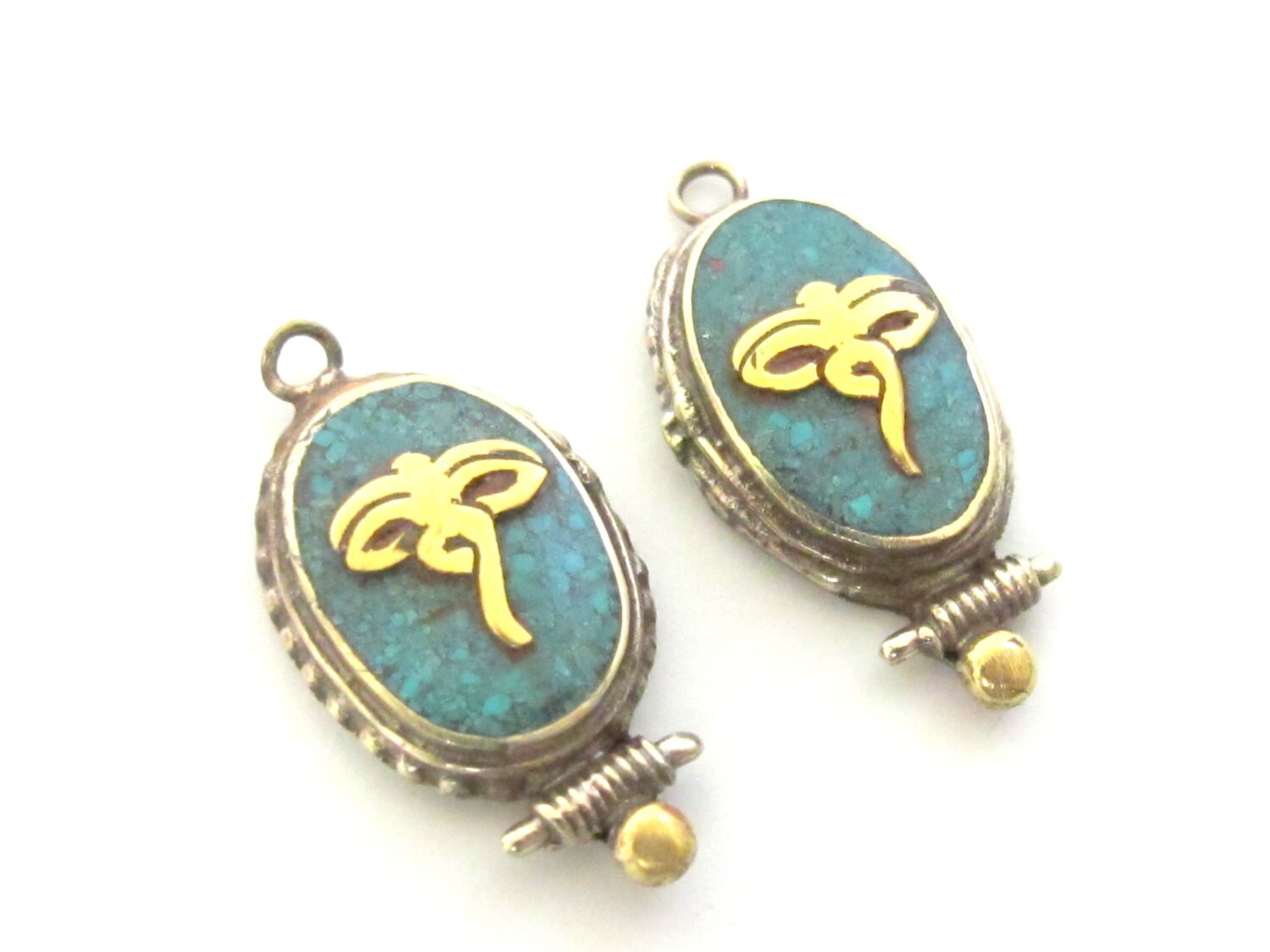 1 charm - Small Size Tibetan Buddha eyes turquoise inlaid brass charm pendant - PM247A