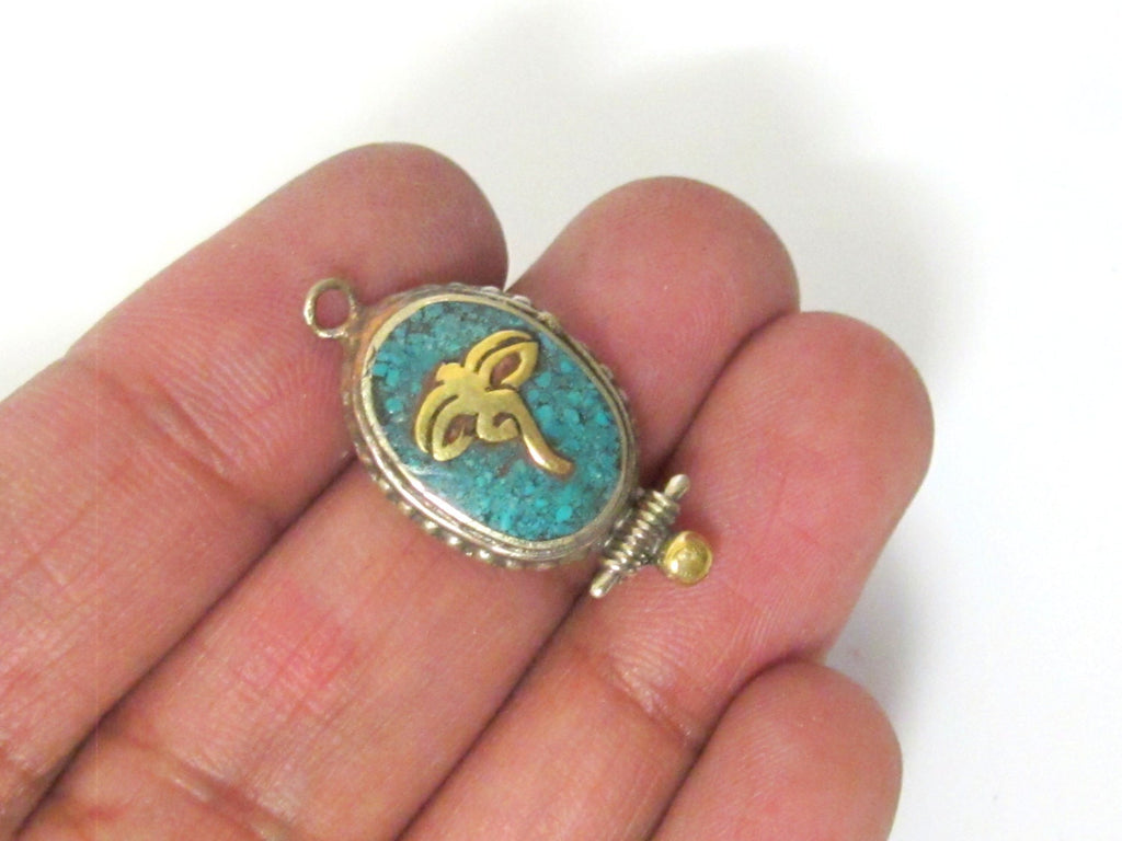 1 charm - Small Size Tibetan Buddha eyes turquoise inlaid brass charm pendant - PM247A