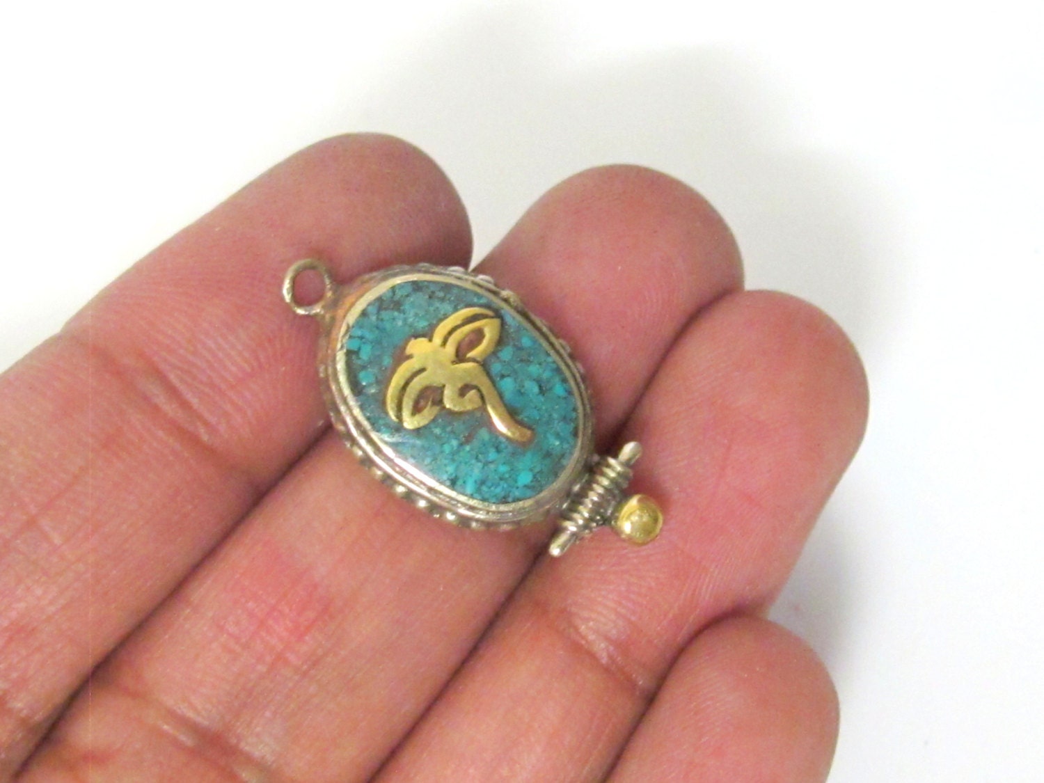 1 charm - Small Size Tibetan Buddha eyes turquoise inlaid brass charm pendant - PM247A