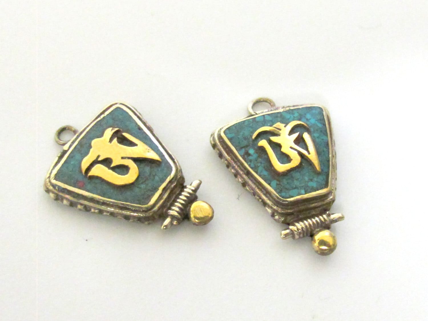 1 charm - Small Size Trapezoid shape Tibetan Om turquoise inlaid brass charm pendant - PM247C
