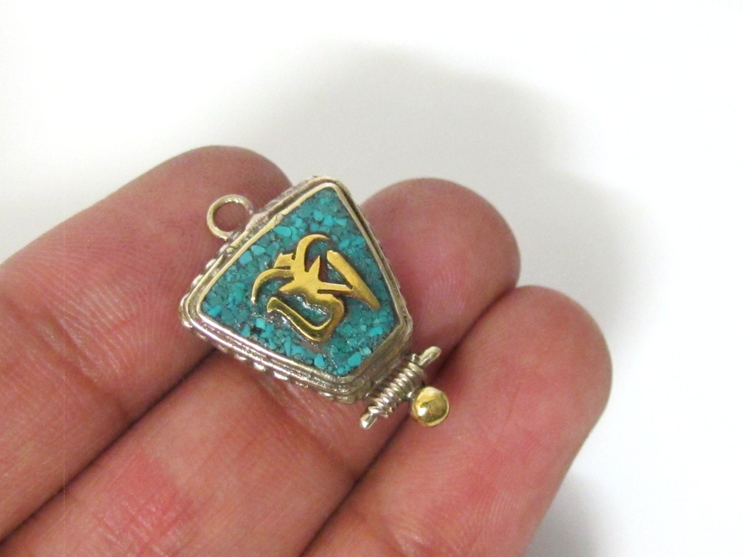 1 charm - Small Size Trapezoid shape Tibetan Om turquoise inlaid brass charm pendant - PM247C