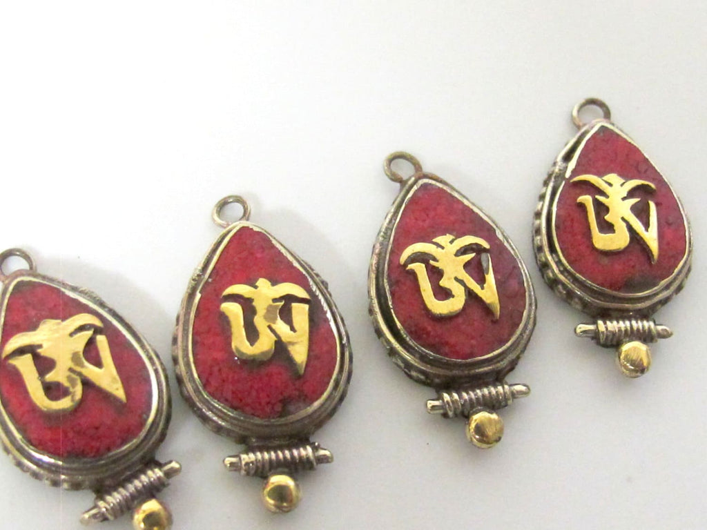1 charm - Small Size teardrop shape Tibetan Om inlaid brass charm pendant - PM247G