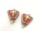 1 charm - Small Size trapezoid shape Tibetan Buddha eyes coral inlaid brass charm pendant - PM247J