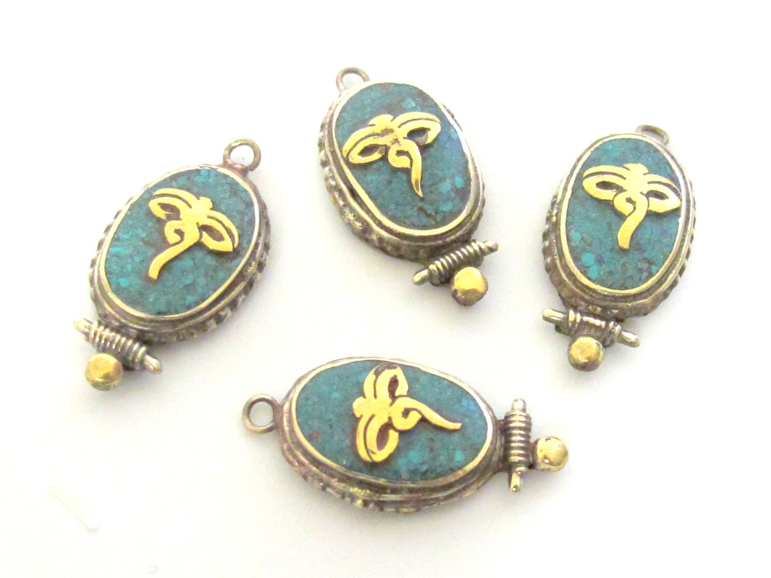 1 charm - Small Size Tibetan Buddha eyes turquoise inlaid brass charm pendant - PM247A