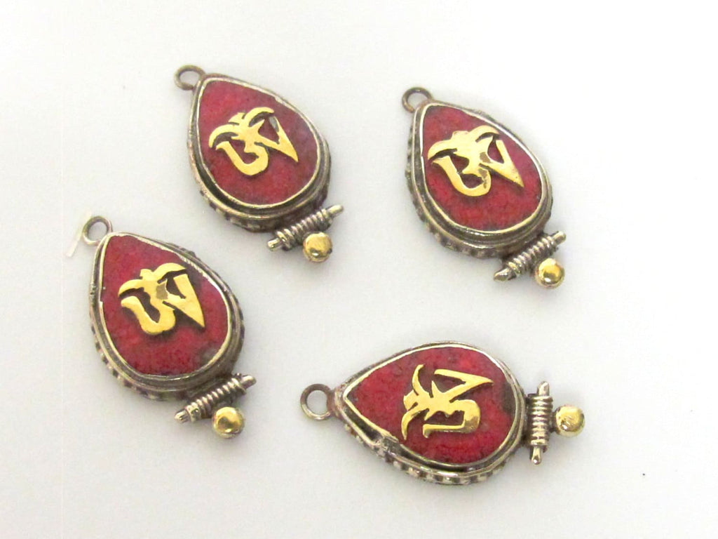 1 charm - Small Size teardrop shape Tibetan Om inlaid brass charm pendant - PM247G