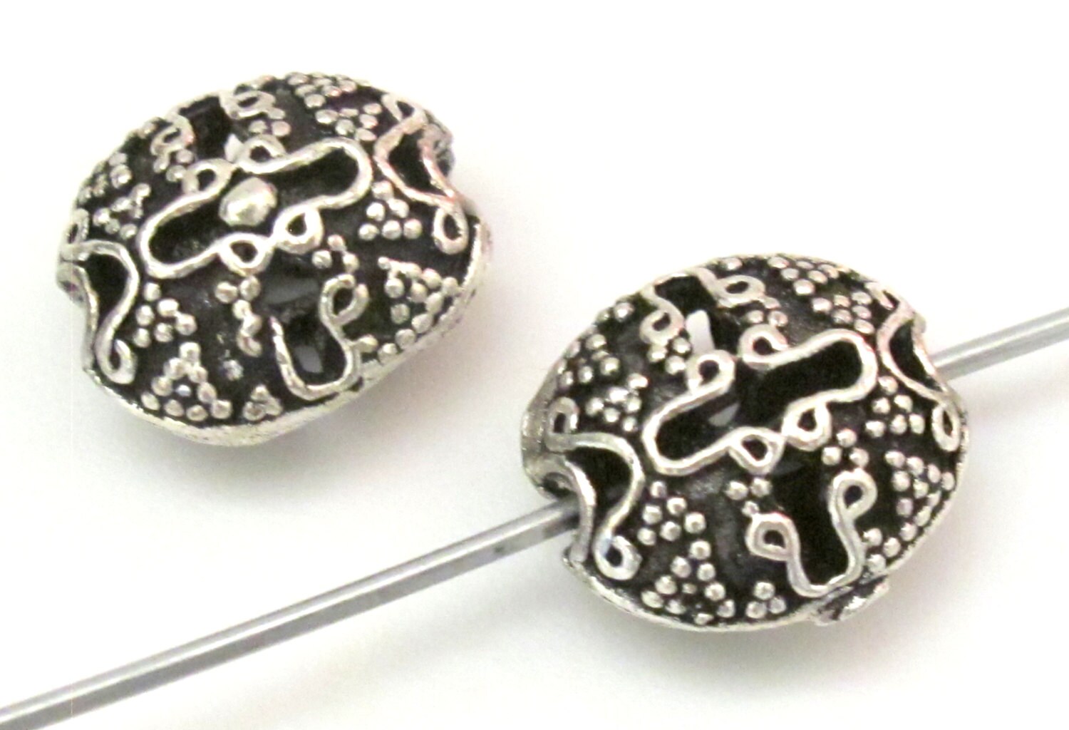 2 BEADS - Thick oval shape Sterling silver plated cross design bead - BD603B