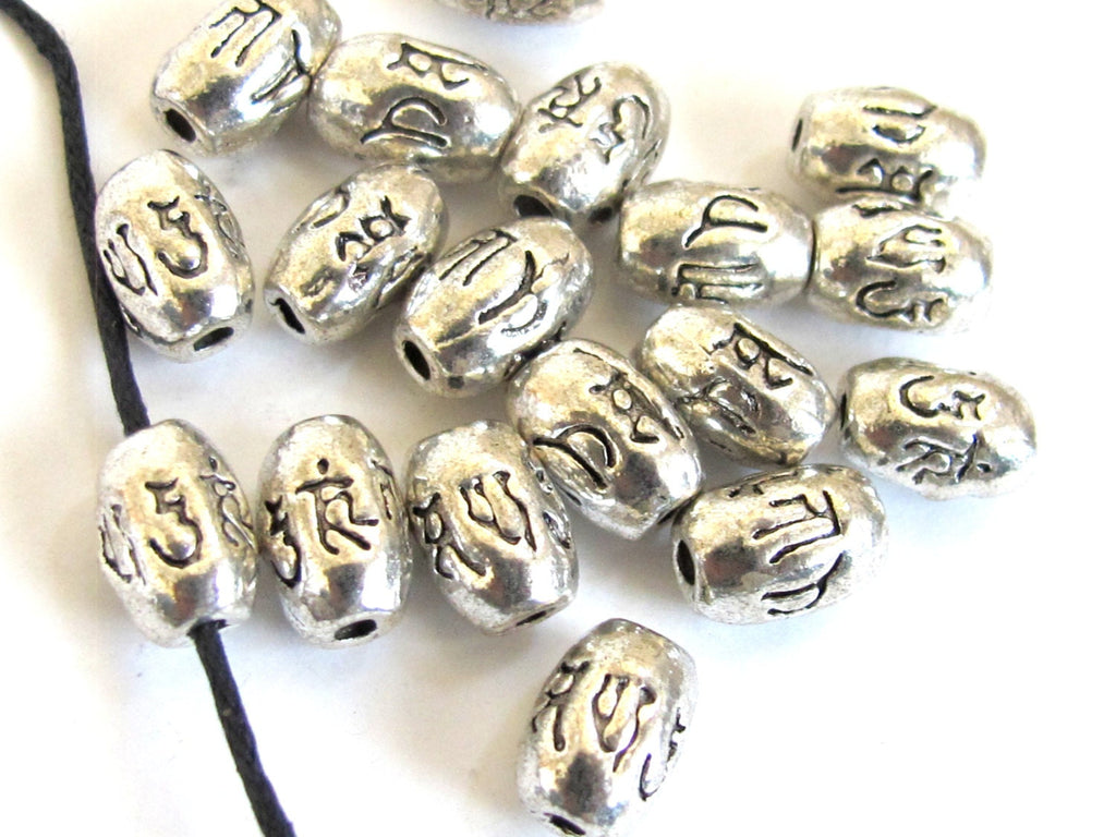 4 BEADS - Tibetan om mantra etched silver tone metal beads 9 mm x 6 mm - BD605