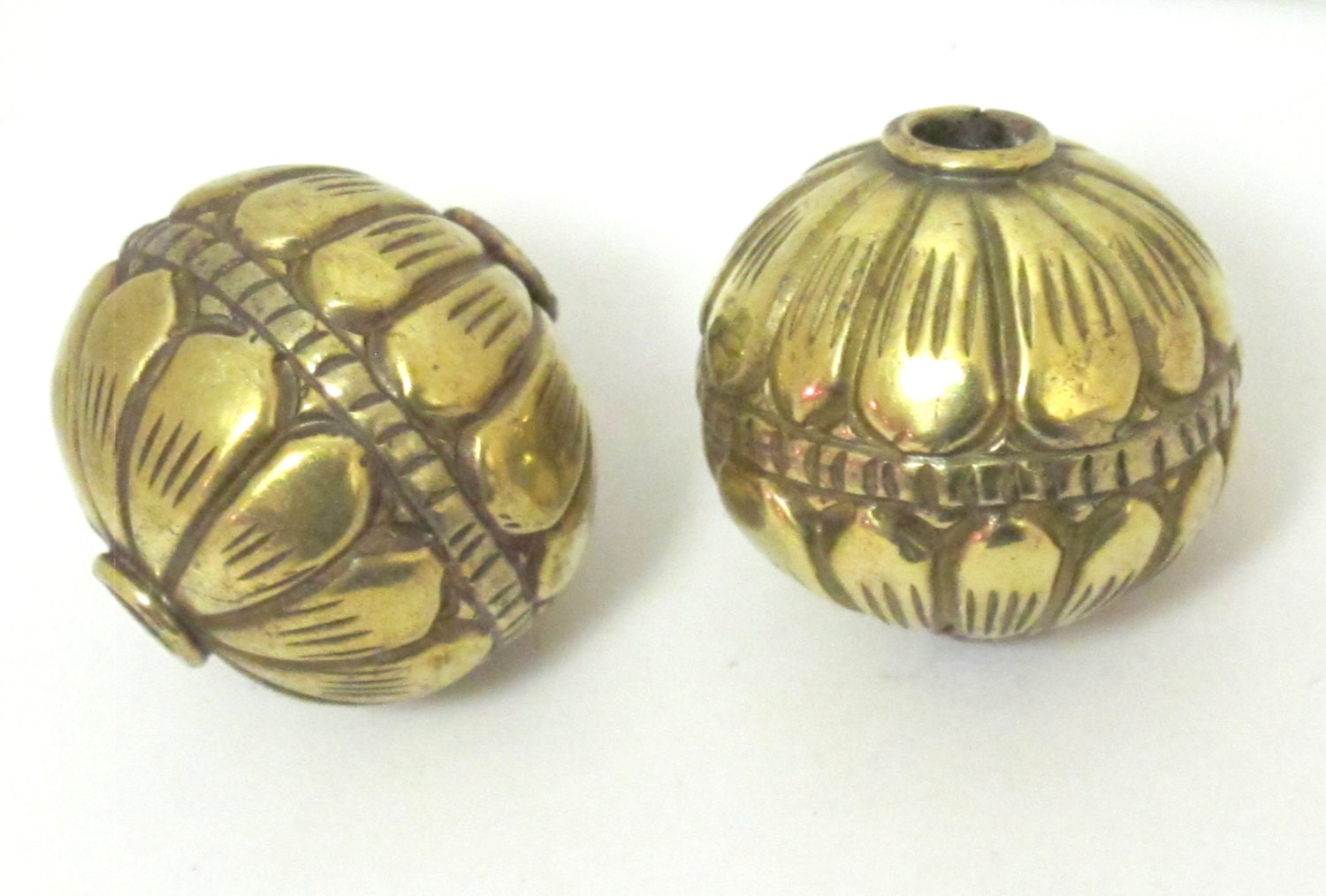 2 BEADS - Large Size 20 mm Tibetan brass repousse floral design oval rondele shape beads - BD608A