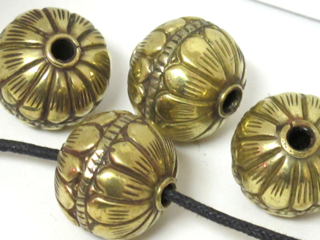 1 BEAD - Large Size 19 -20 mm Tibetan brass repousse floral design oval rondele shape beads - BD608A