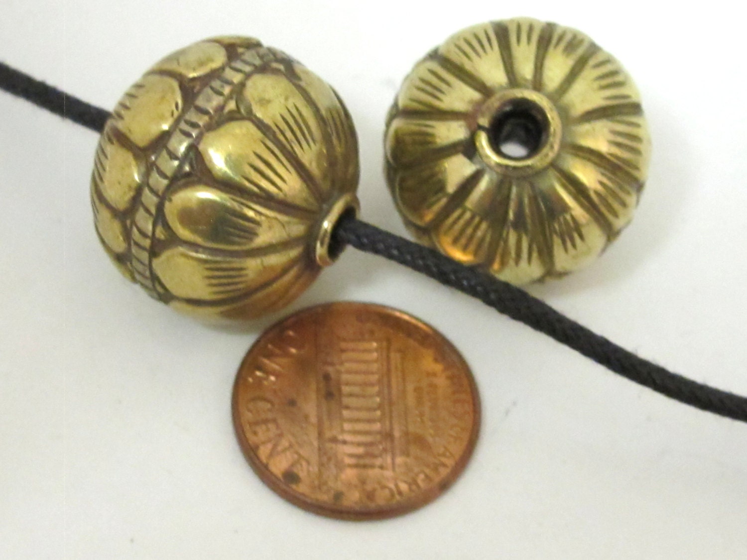 2 BEADS - Large Size 20 mm Tibetan brass repousse floral design oval rondele shape beads - BD608A