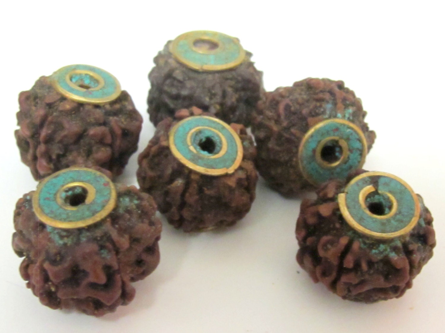 4 BEADS - Nepal Rudraksha beads with Turquoise brass capped - NB119