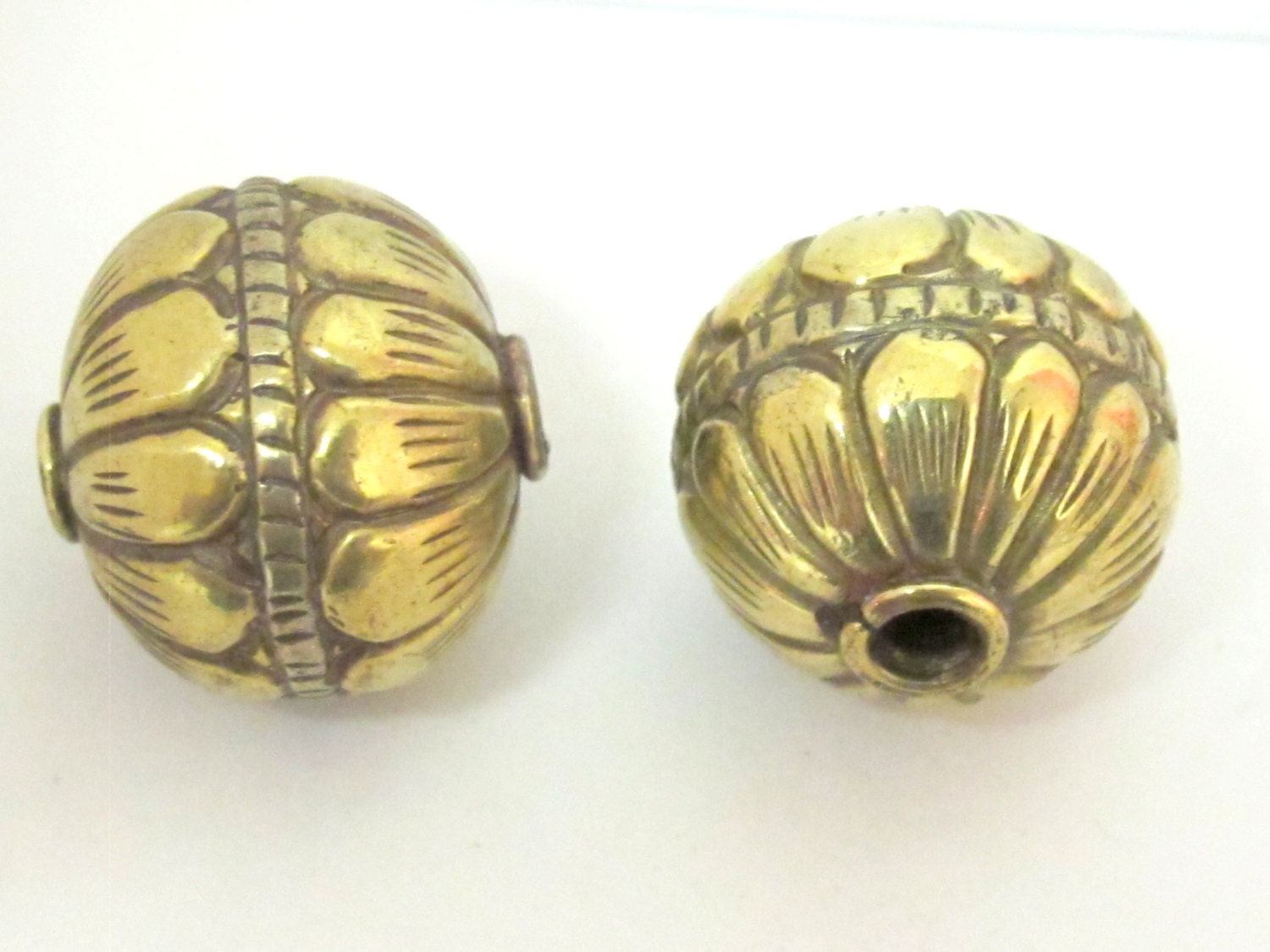 2 BEADS - Large Size 20 mm Tibetan brass repousse floral design oval rondele shape beads - BD608A