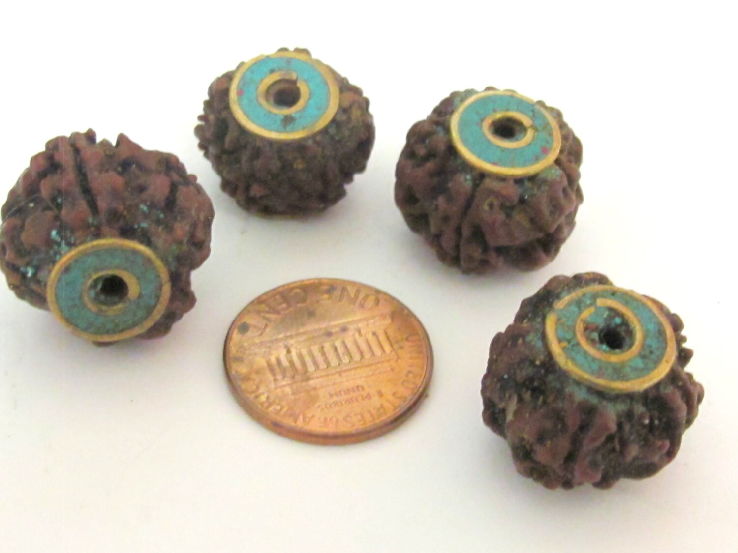 4 BEADS - Nepal Rudraksha beads with Turquoise brass capped - NB119