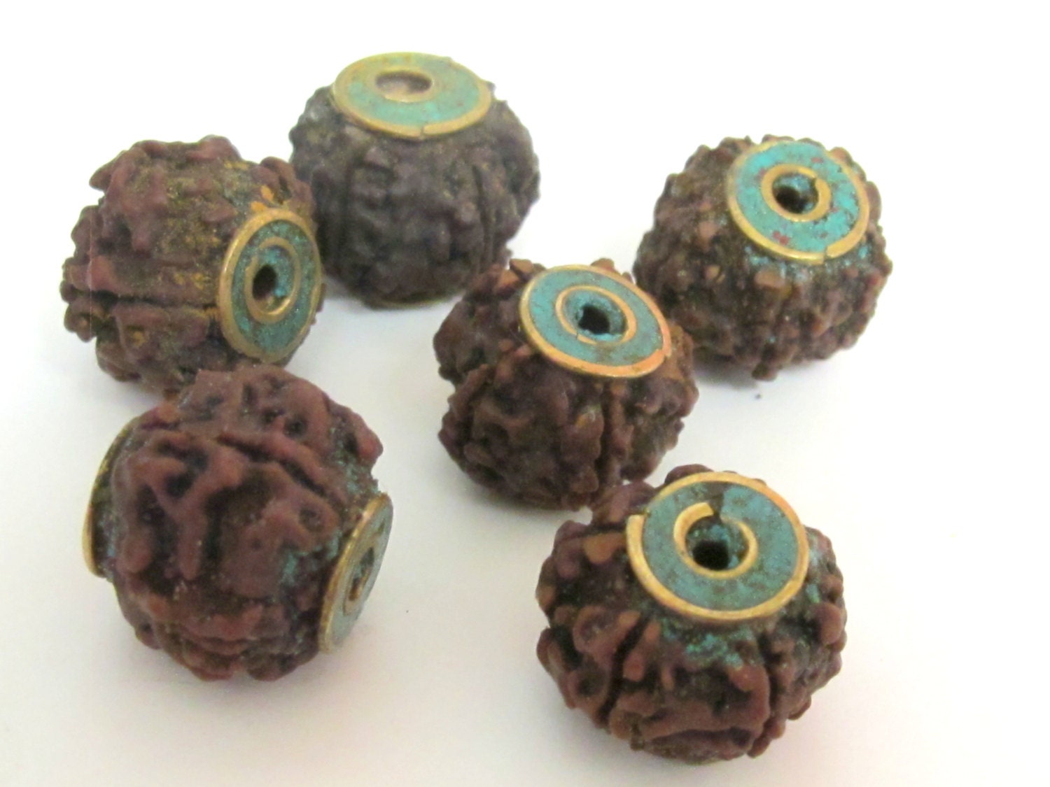 4 BEADS - Nepal Rudraksha beads with Turquoise brass capped - NB119