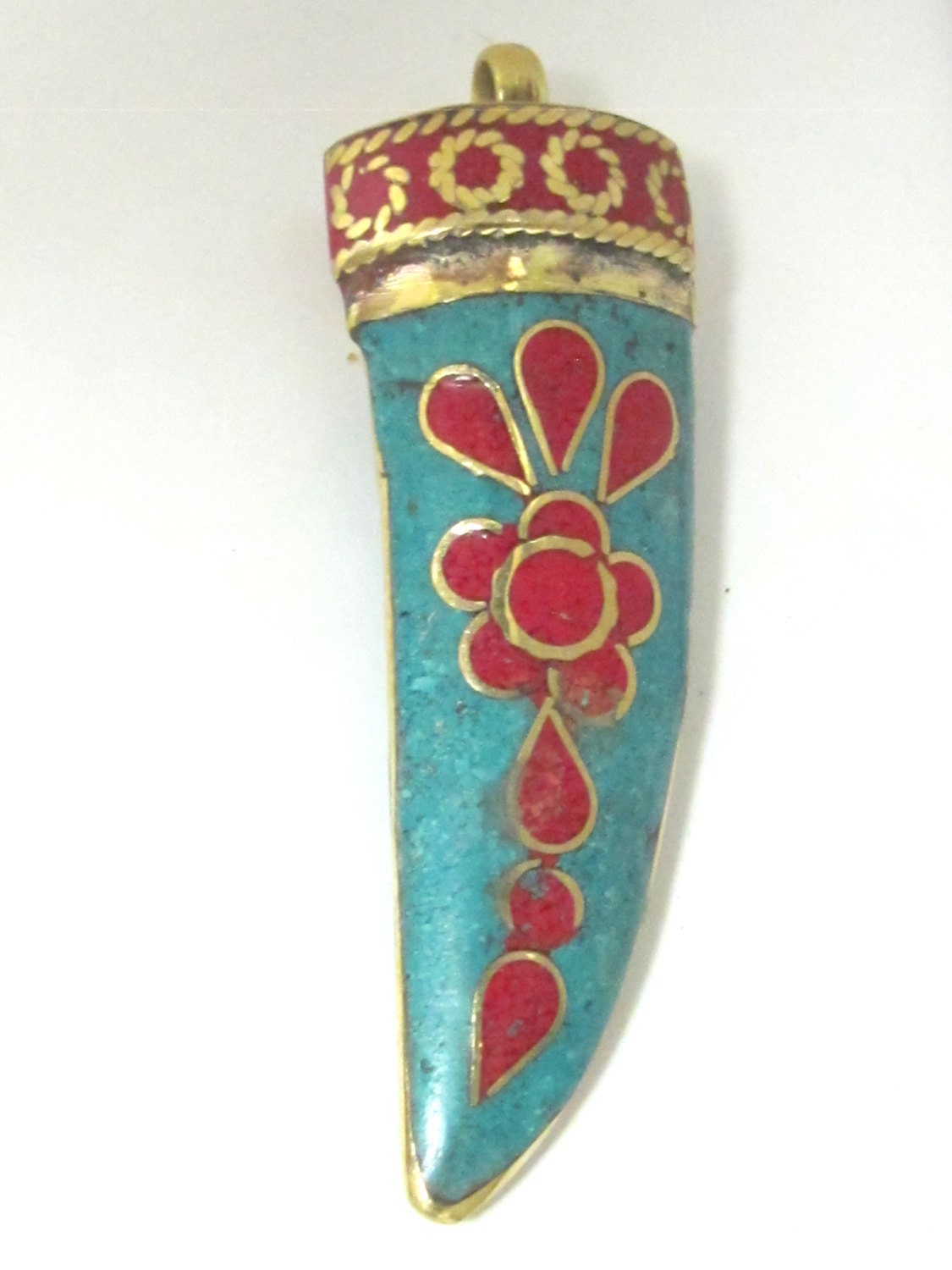 Large Tibetan horn tusk shape Brass pendant with turquoise coral inlay - PM255B