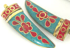 Large Tibetan horn tusk shape Brass pendant with turquoise coral inlay - PM255B