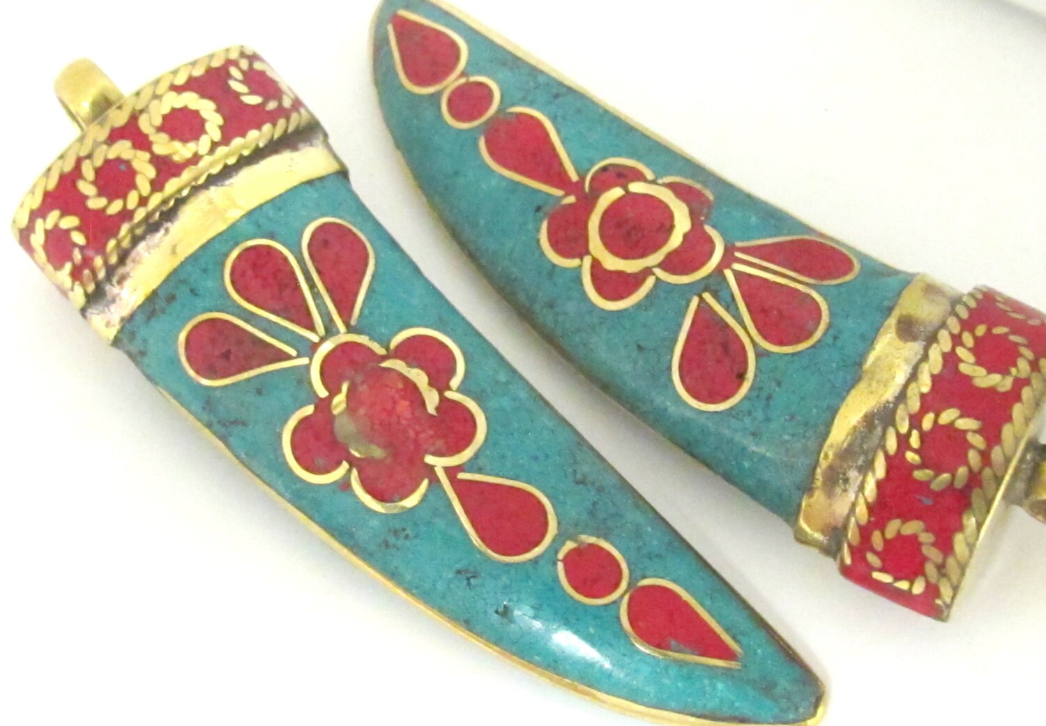 Large Tibetan horn tusk shape Brass pendant with turquoise coral inlay - PM255B