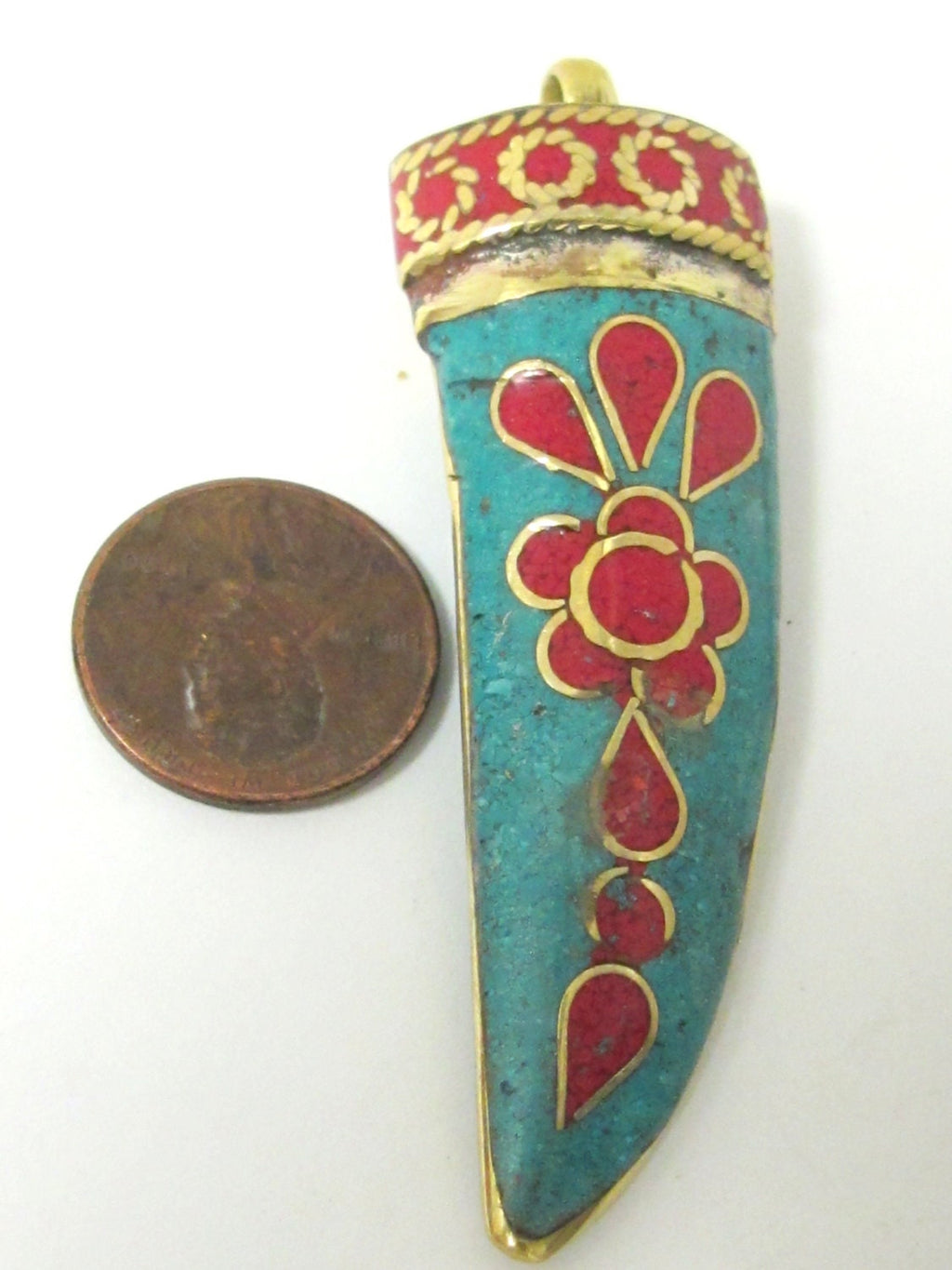 Large Tibetan horn tusk shape Brass pendant with turquoise coral inlay - PM255B