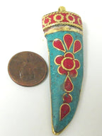 Large Tibetan horn tusk shape Brass pendant with turquoise coral inlay - PM255B