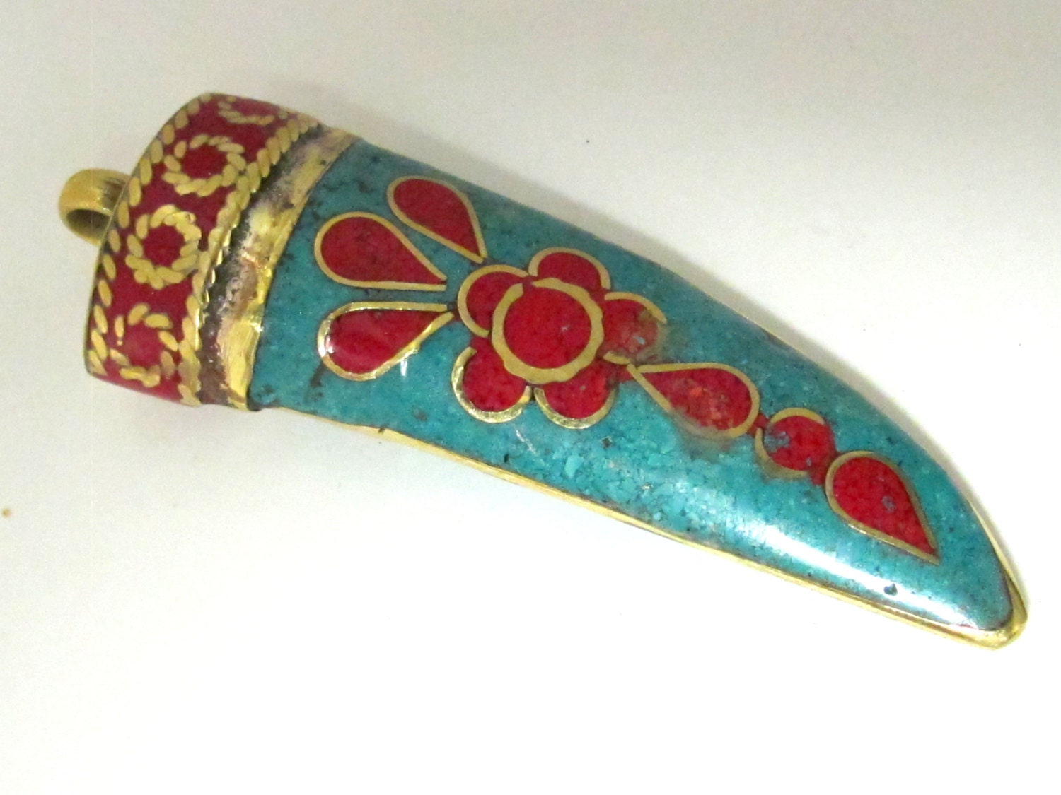 Large Tibetan horn tusk shape Brass pendant with turquoise coral inlay - PM255B