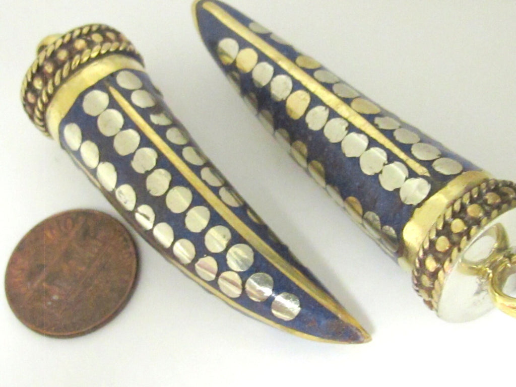 1 pendant - Long lapis inlaid Tibetan horn tusk shape Brass pendant with dotted brass inlay - PM255C