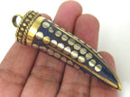 1 pendant - Long lapis inlaid Tibetan horn tusk shape Brass pendant with dotted brass inlay - PM255C