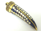 1 pendant - Long lapis inlaid Tibetan horn tusk shape Brass pendant with dotted brass inlay - PM255C