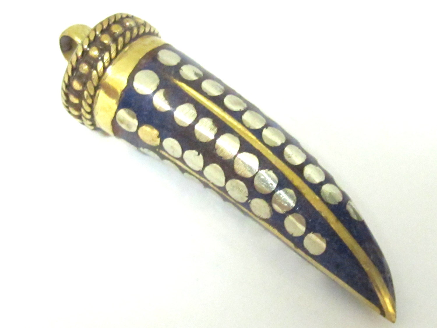 1 pendant - Long lapis inlaid Tibetan horn tusk shape Brass pendant with dotted brass inlay - PM255C