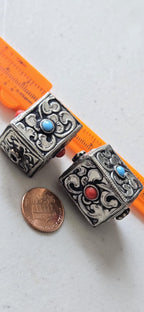 1 bead - Tibetan Nepal antiqued silver color finish repousse floral carving cube cuboid shape beads supplies large focal 31 -32mm - BD901G