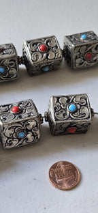 1 bead - Tibetan Nepal antiqued silver color finish repousse floral carving cube cuboid shape beads supplies large focal 31 -32mm - BD901G