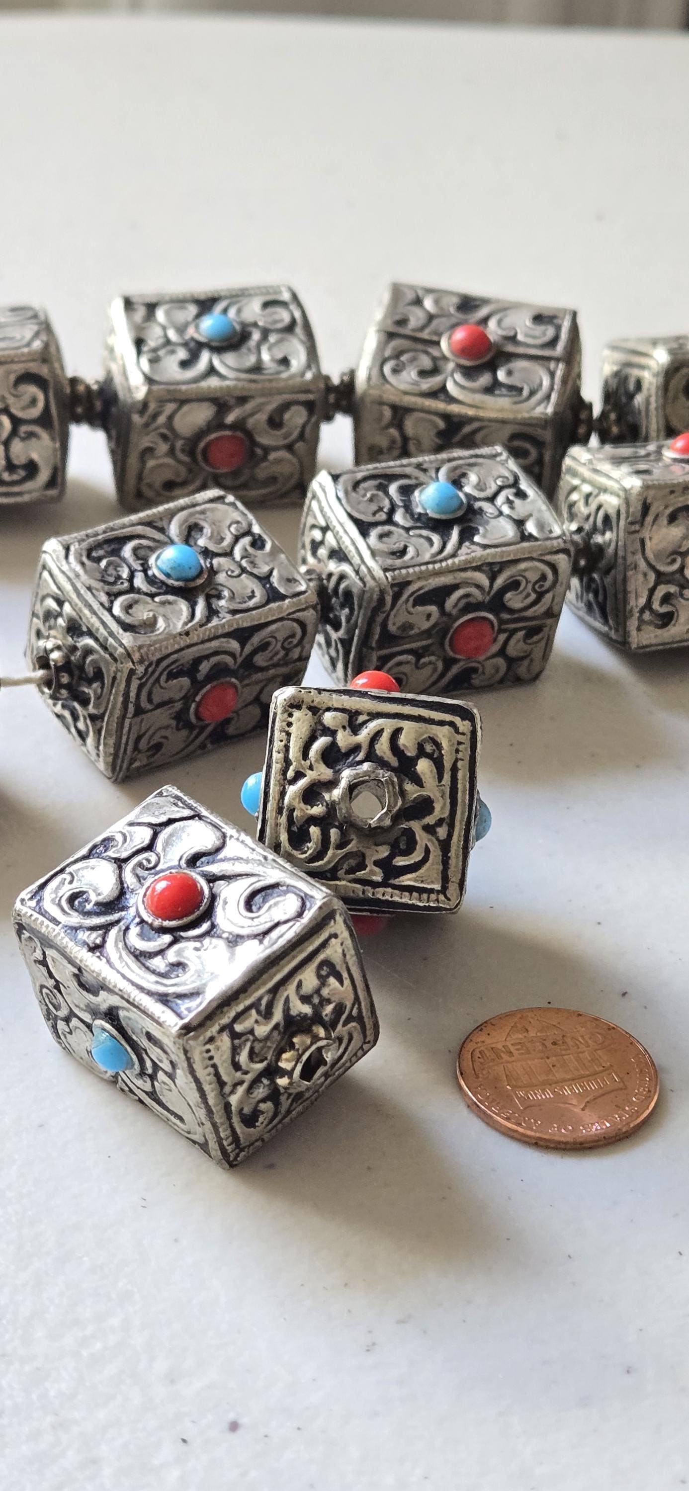 1 bead - Tibetan Nepal antiqued silver color finish repousse floral carving cube cuboid shape beads supplies large focal 31 -32mm - BD901G