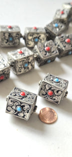 1 bead - Tibetan Nepal antiqued silver color finish repousse floral carving cube cuboid shape beads supplies large focal 31 -32mm - BD901G