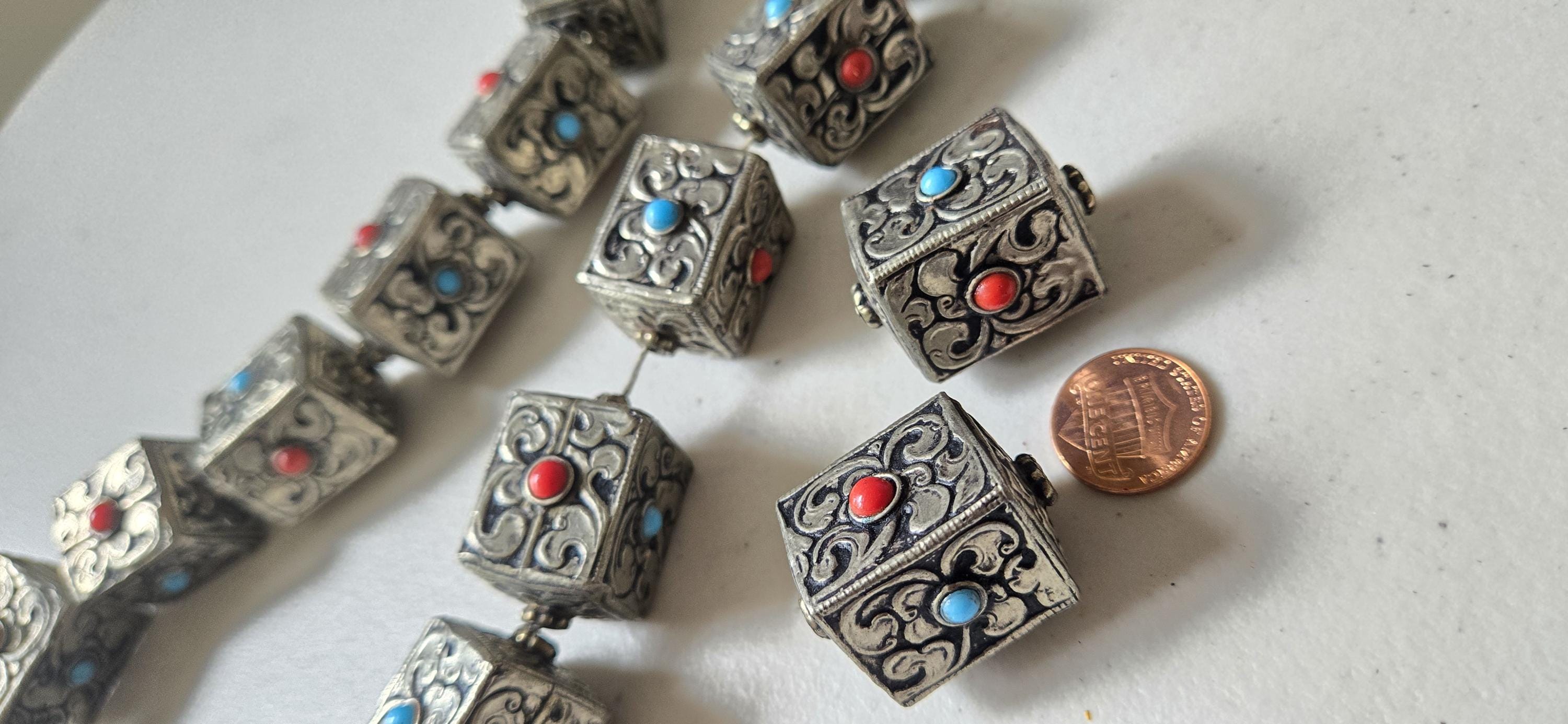 1 bead - Tibetan Nepal antiqued silver color finish repousse floral carving cube cuboid shape beads supplies large focal 31 -32mm - BD901G