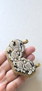 1 Pendant - Large Ethnic Tibetan carved Bone turtle family design brass pendant with flower carving on reverse side - PB001H