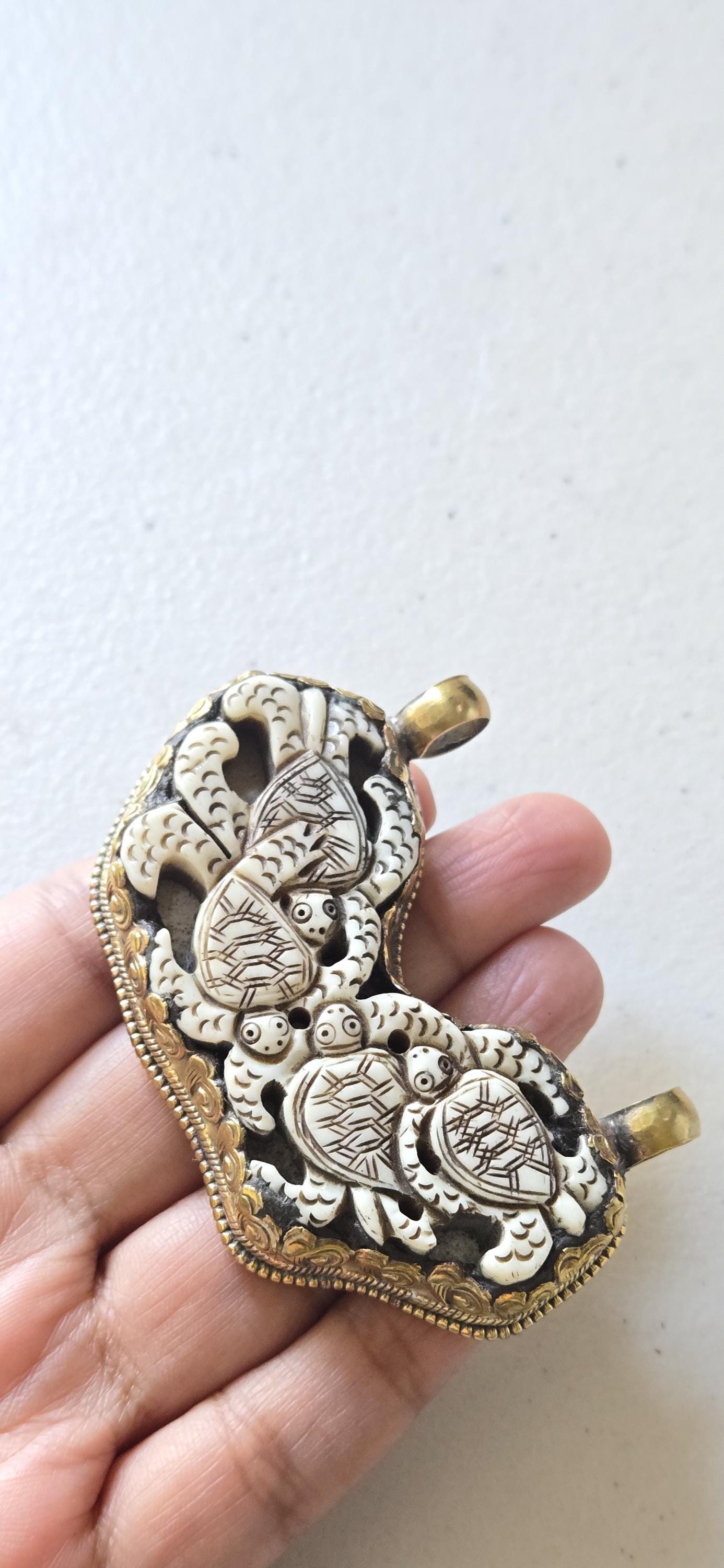 1 Pendant - Large Ethnic Tibetan carved Bone turtle family design brass pendant with flower carving on reverse side - PB001H