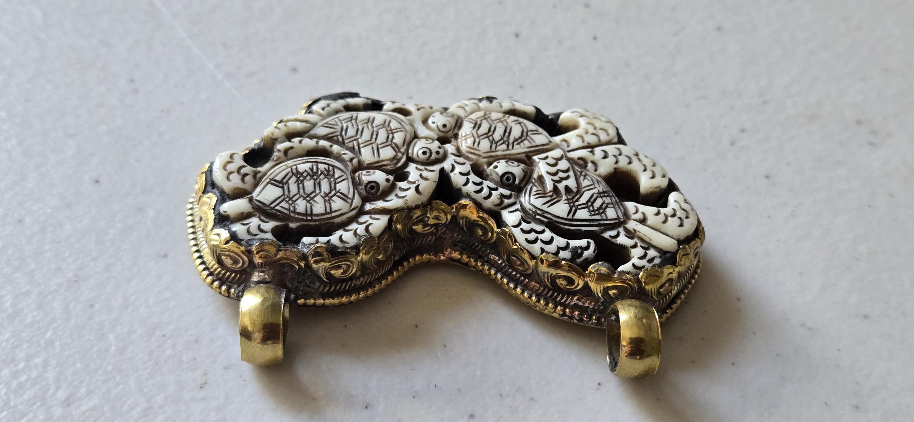 1 Pendant - Large Ethnic Tibetan carved Bone turtle family design brass pendant with flower carving on reverse side - PB001H