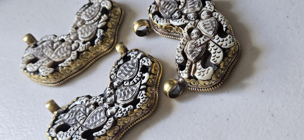 1 Pendant - Large Ethnic Tibetan carved Bone turtle family design brass pendant with flower carving on reverse side - PB001H