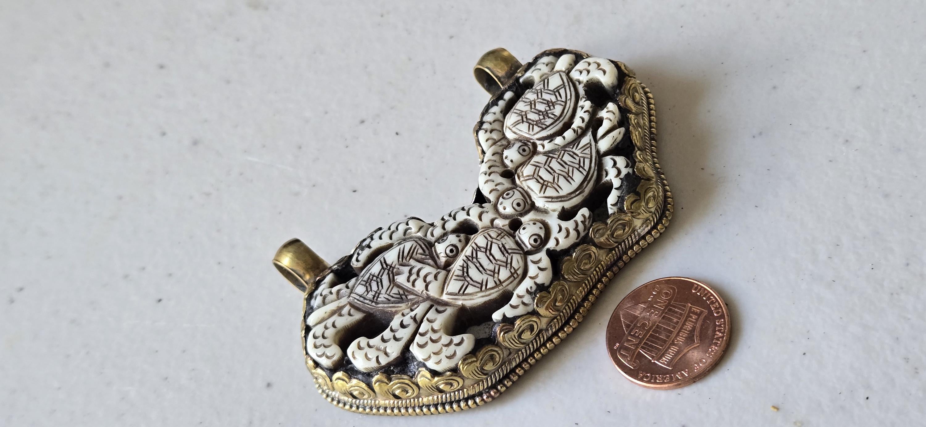 1 Pendant - Large Ethnic Tibetan carved Bone turtle family design brass pendant with flower carving on reverse side - PB001H