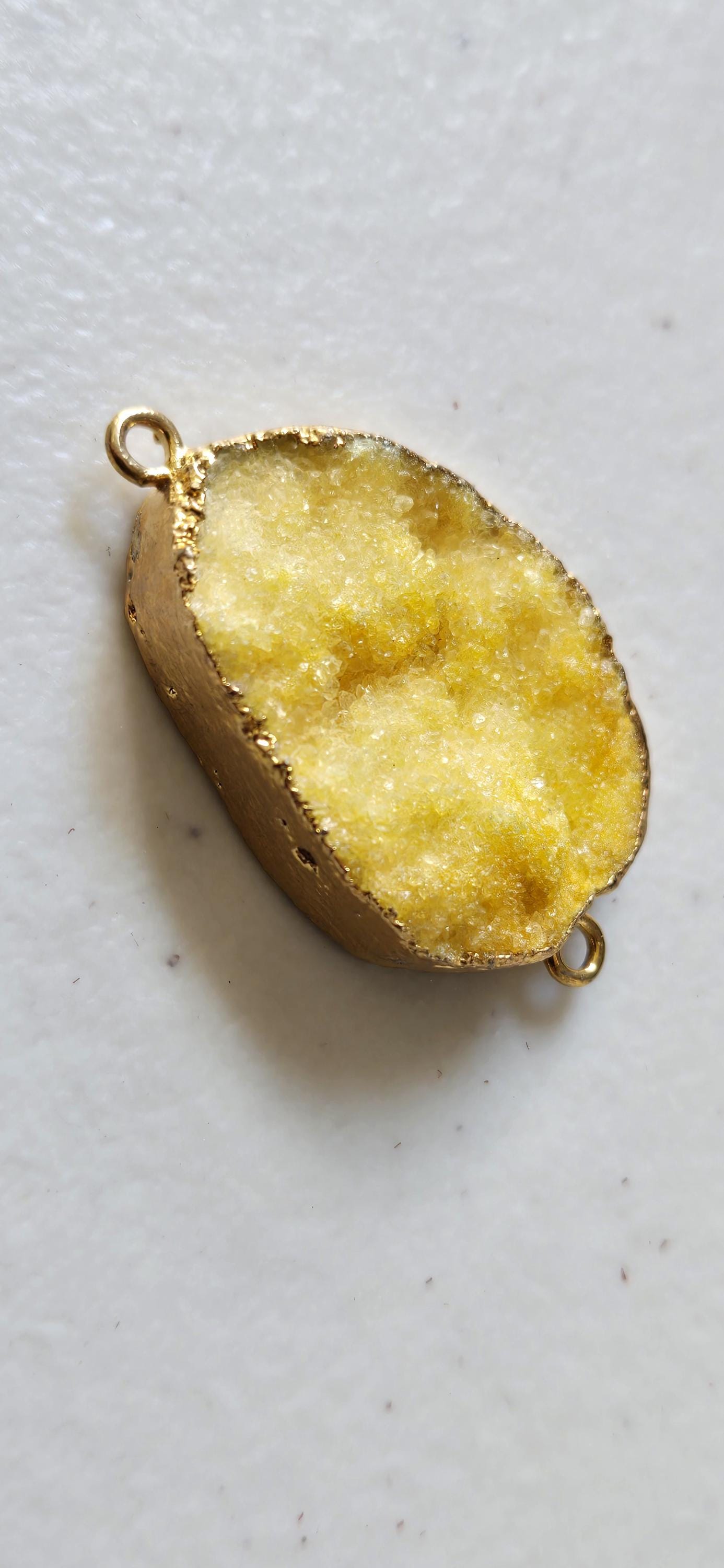 Lemony yellow shimmer druzy quartz agate geode golden edged pendant- SP020J