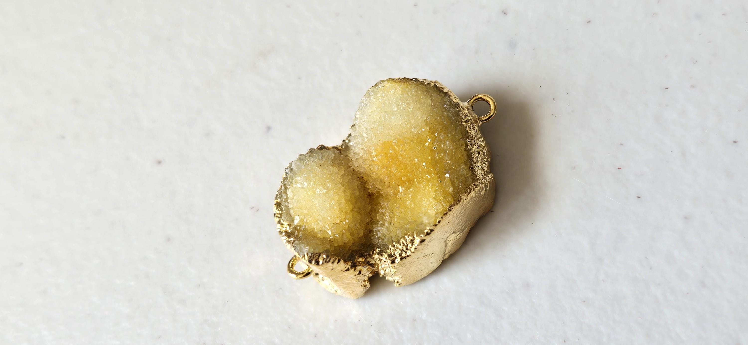 Lemony yellow shimmer druzy quartz agate geode golden edged double bail focal pendant- SP020K
