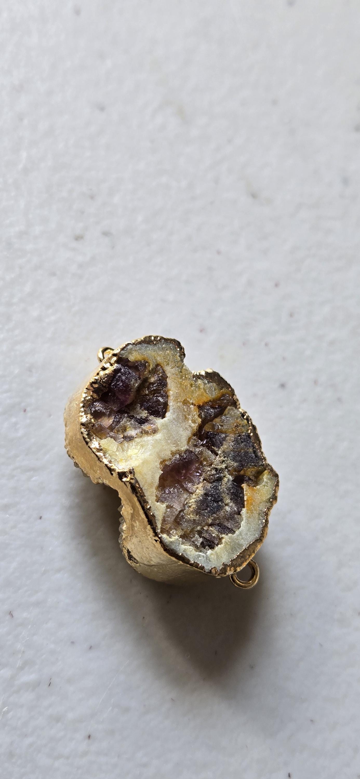 Lemony yellow shimmer druzy quartz agate geode golden edged double bail focal pendant- SP020K
