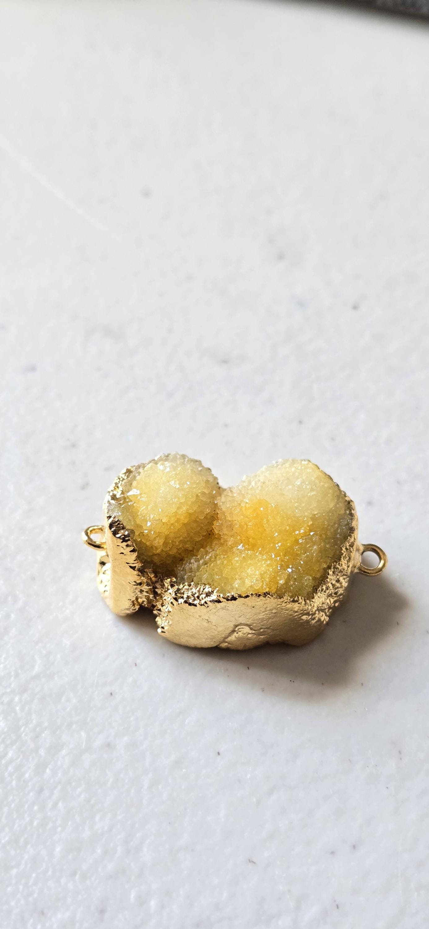 Lemony yellow shimmer druzy quartz agate geode golden edged double bail focal pendant- SP020K