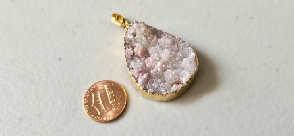 Pinkish purplish white shimmer druzy quartz agate geode golden edged pendant- SP020C