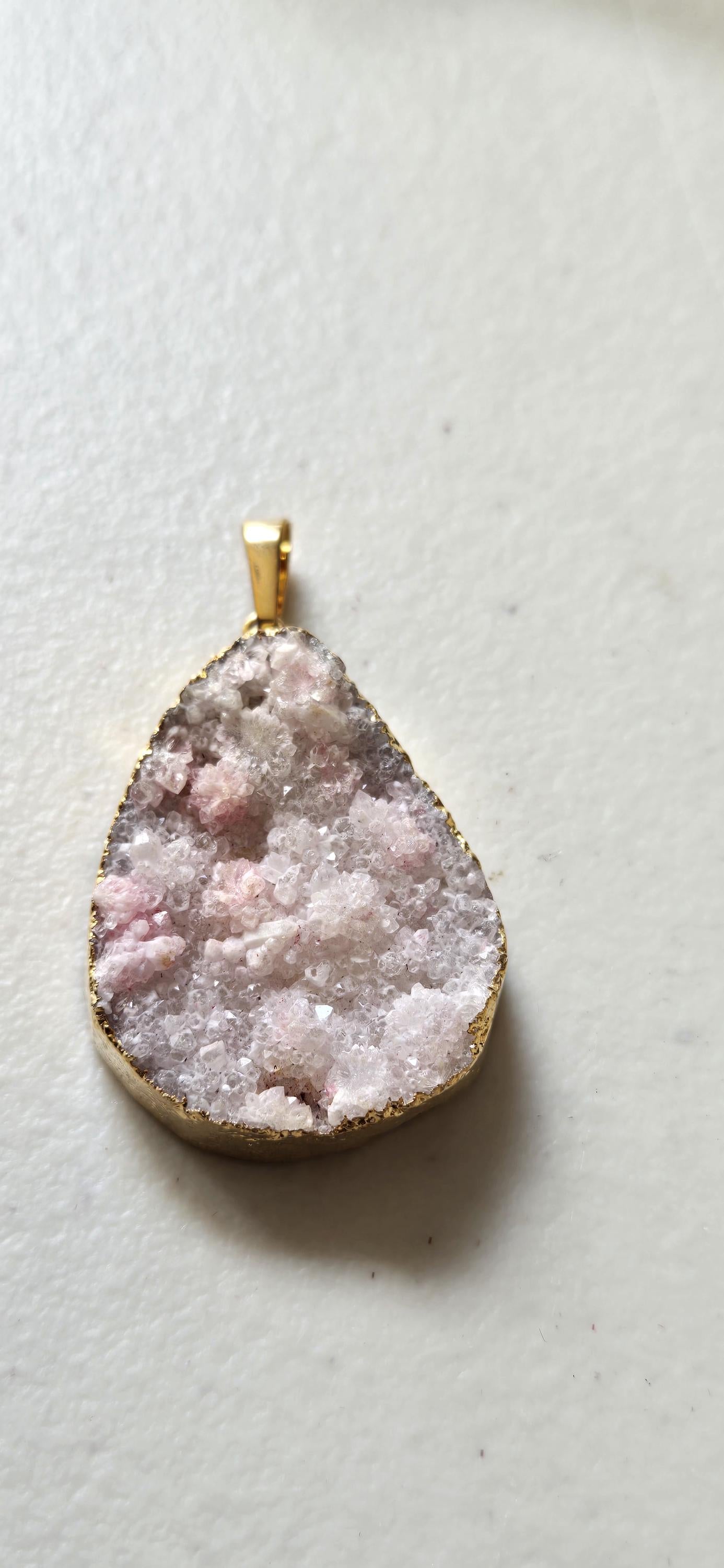 Pinkish purplish white shimmer druzy quartz agate geode golden edged pendant- SP020C