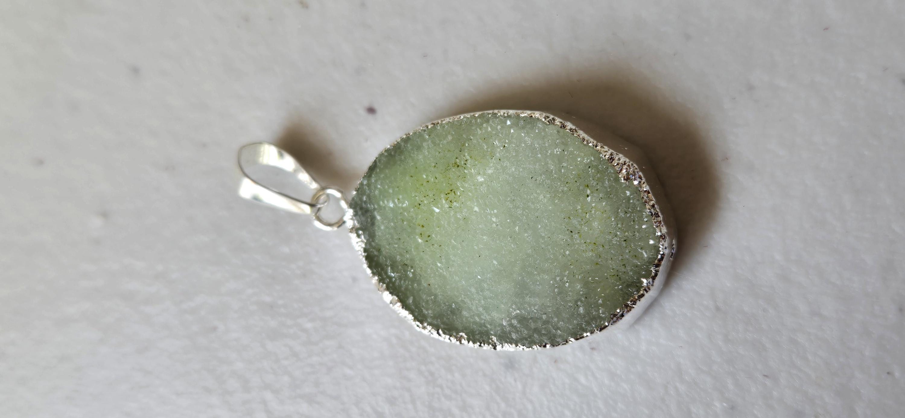 Pastel Green shimmer Druzy agate geode silver edged pendant - SP020B