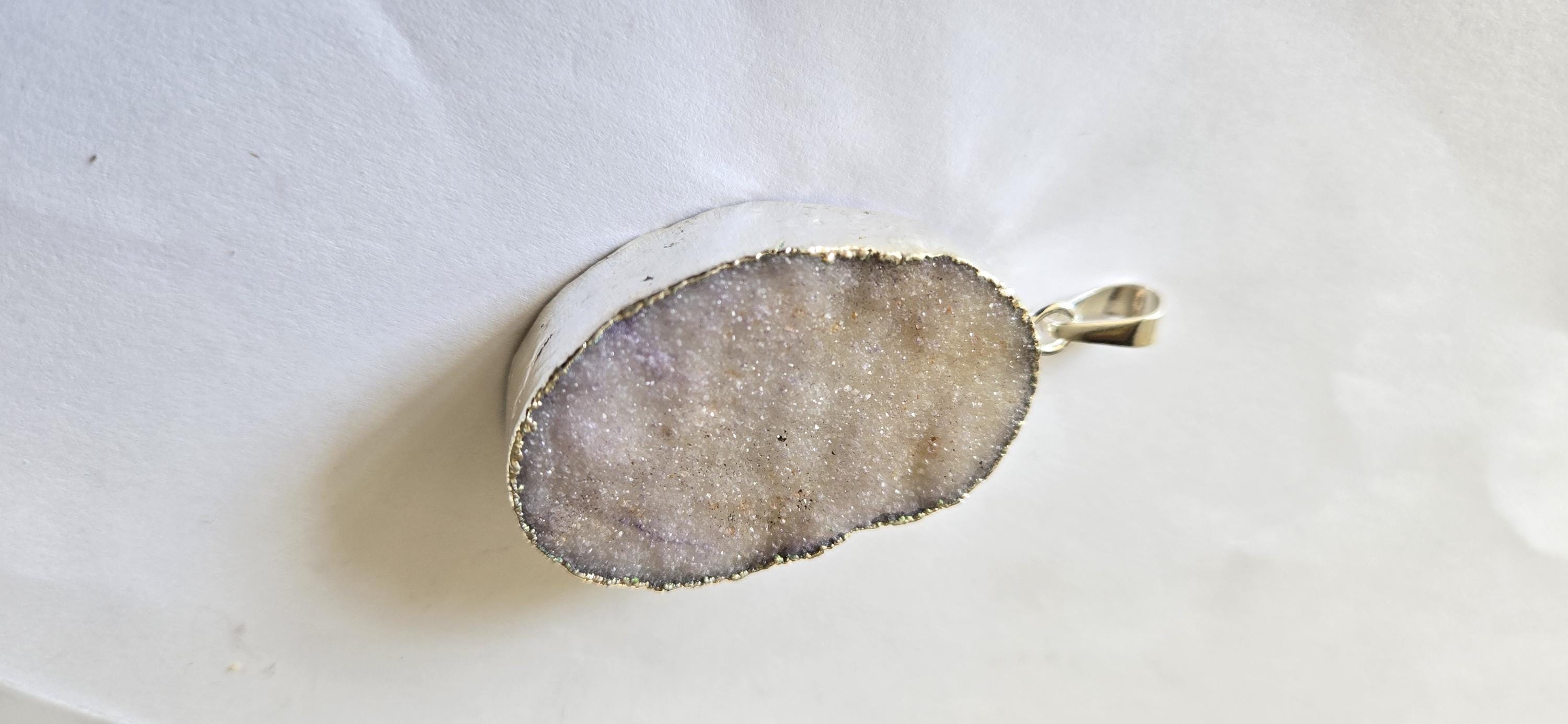 Purplish shimmer Druzy agate geode silver edged pendant - SP020A
