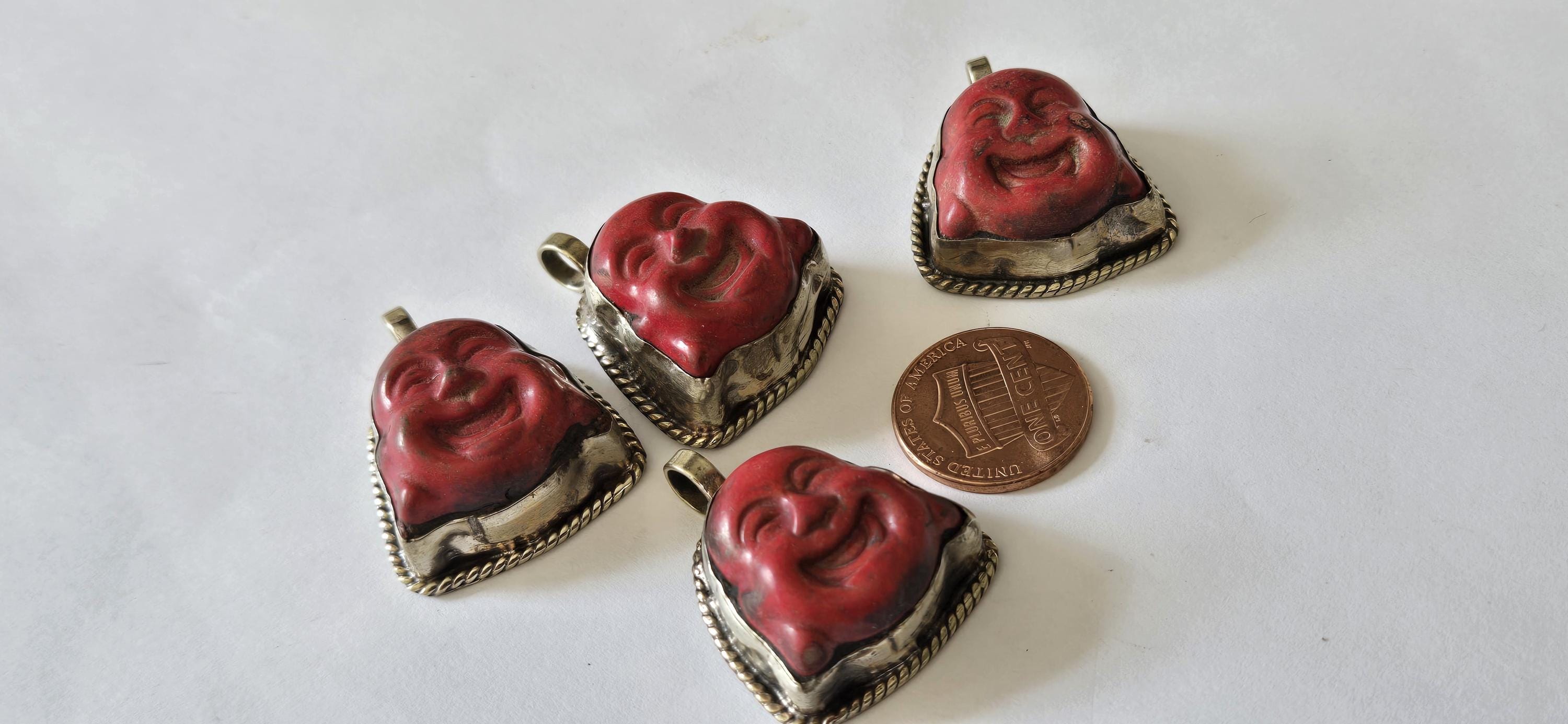 Tibetan antiqued silver color encased howlite happy Buddha face focal pendant floral carving - PM001B